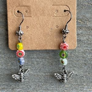 Vintage silver Bumblebee charm dangle earrings with Czech glass flower beads.